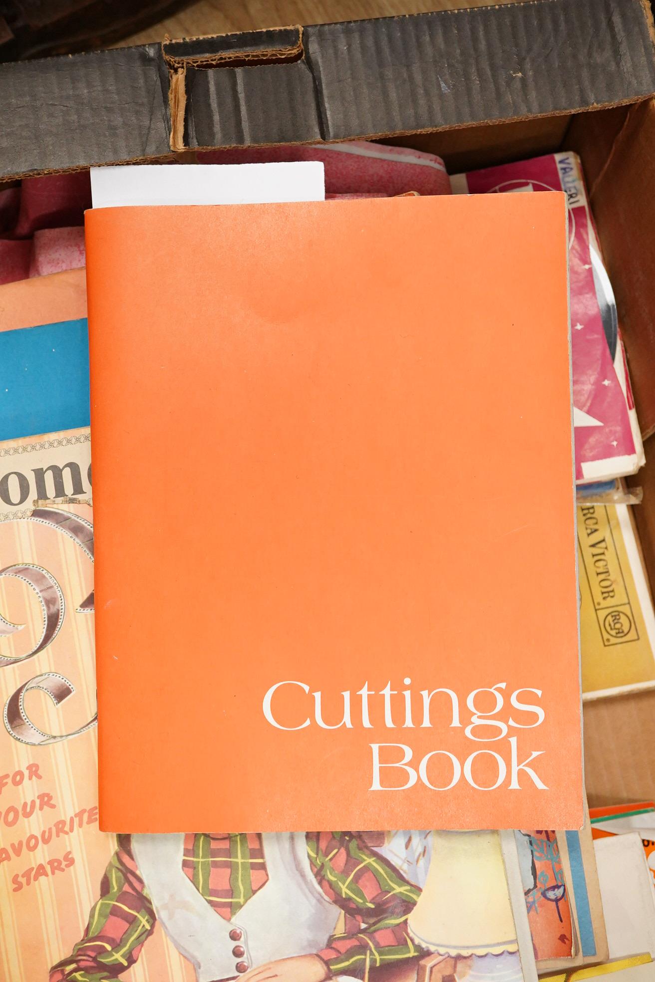 A collection of original 1960s pop memorabilia including The Beatles related items; a pair of Beatles curtains together with some spare material, a brooch on its original backing card, and a number of magazines, a 1979 W